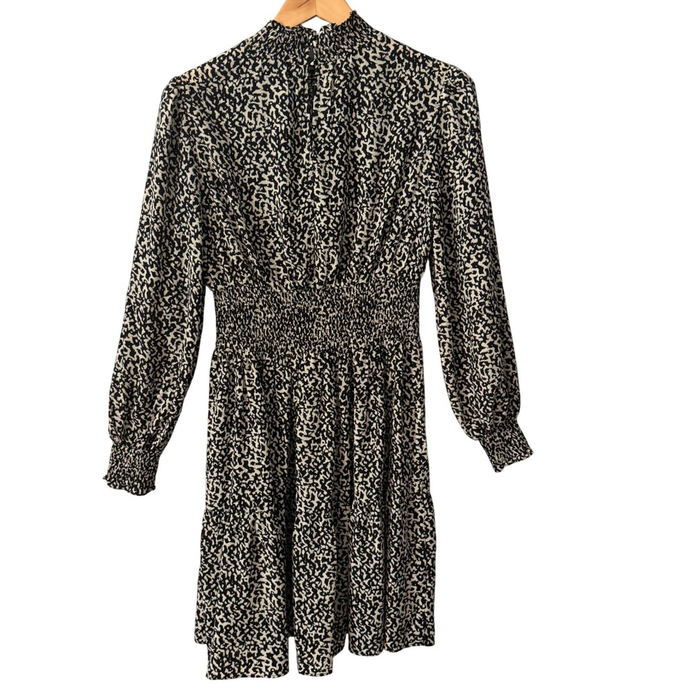 Lucy Paris Black Cream Tiered Animal Print Smocked Mock Neck Mini Dress XS